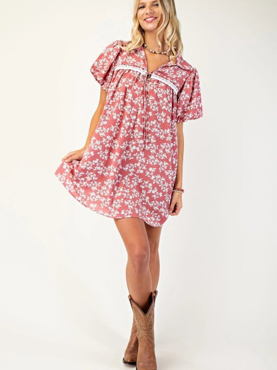 Gigio Dresses & Skirts - Floral Puff Sleeve Mini Dress with Lace and ribbon detail